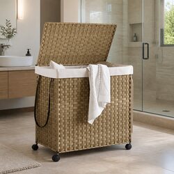 Rattan Laundry Basket with Wheels 60x35x60.5cm Hamper 3 Compartments Lid Handle