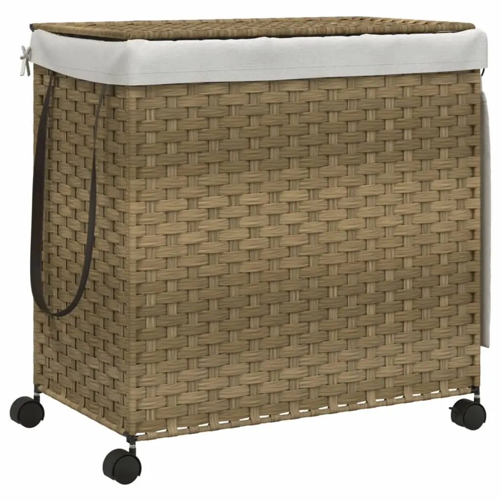 Rattan Laundry Basket Brown 60x35x60.5cm 3 Compartments with Lid and Wheels