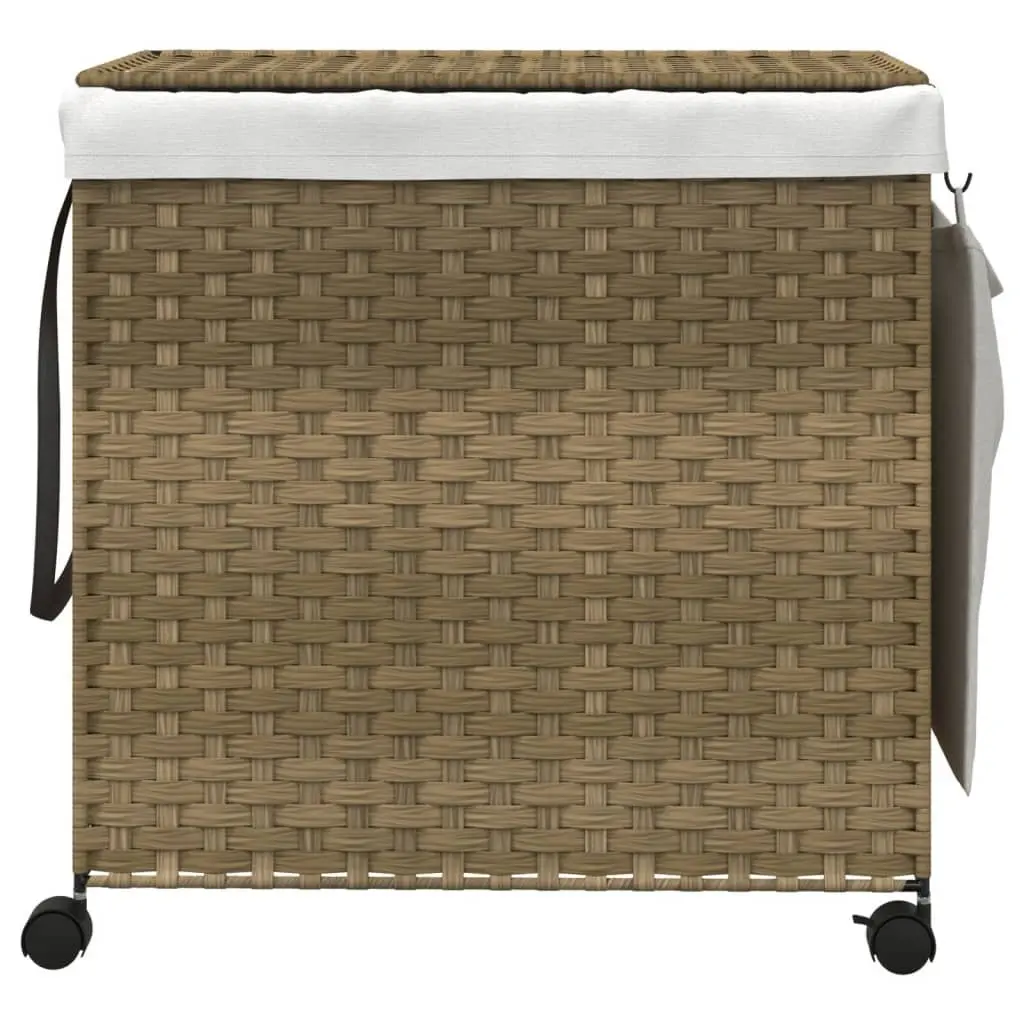 Rattan Laundry Basket Brown 60x35x60.5cm 3 Compartments with Lid and Wheels