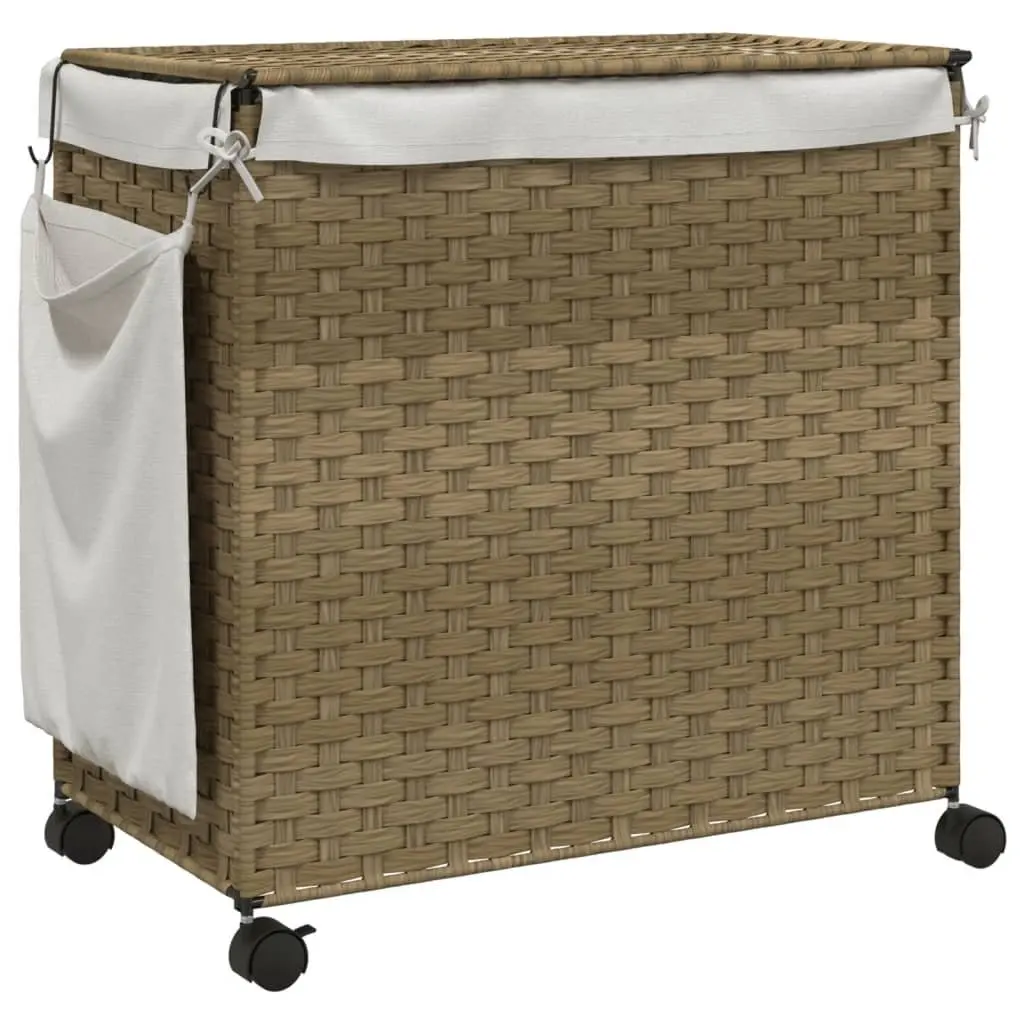 Rattan Laundry Basket Brown 60x35x60.5cm 3 Compartments with Lid and Wheels