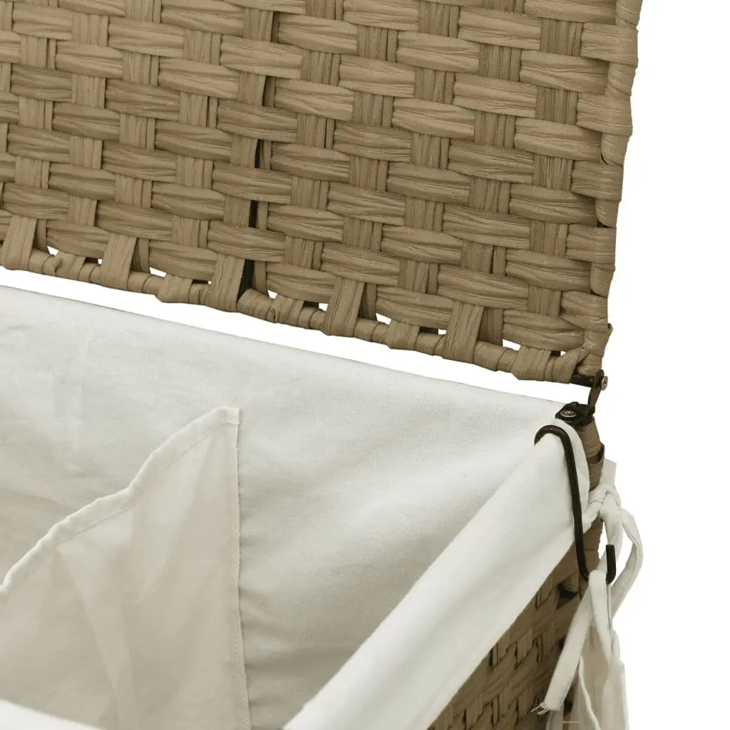 Rattan Laundry Basket Brown 60x35x60.5cm 3 Compartments with Lid and Wheels