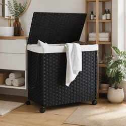 Black Rattan Laundry Basket with Wheels