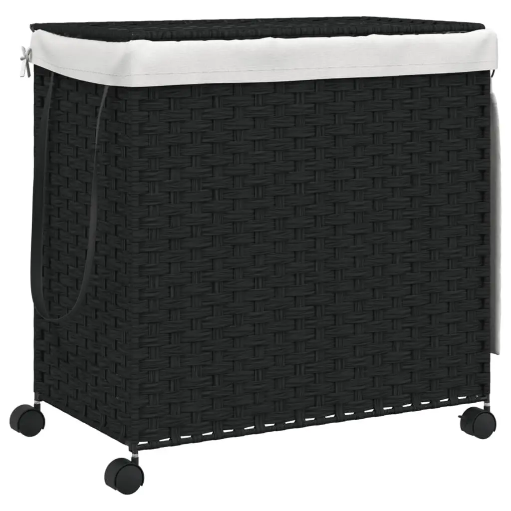 Rattan Laundry Basket Black 60x35x60.5cm 3 Compartments with Lid and Wheels