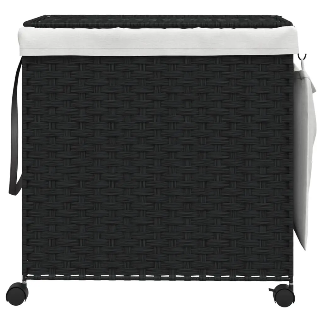 Rattan Laundry Basket Black 60x35x60.5cm 3 Compartments with Lid and Wheels