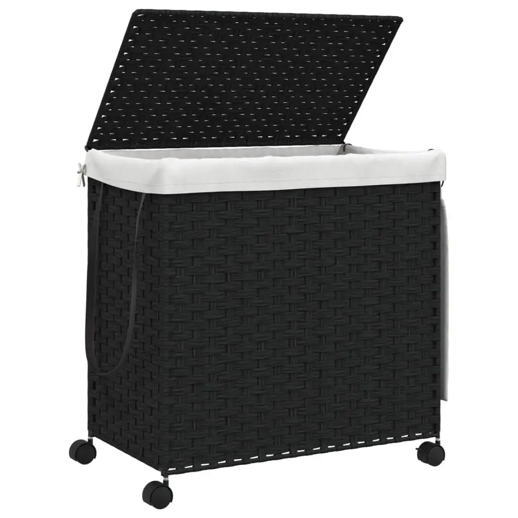 Rattan Laundry Basket Black 60x35x60.5cm 3 Compartments with Lid and Wheels