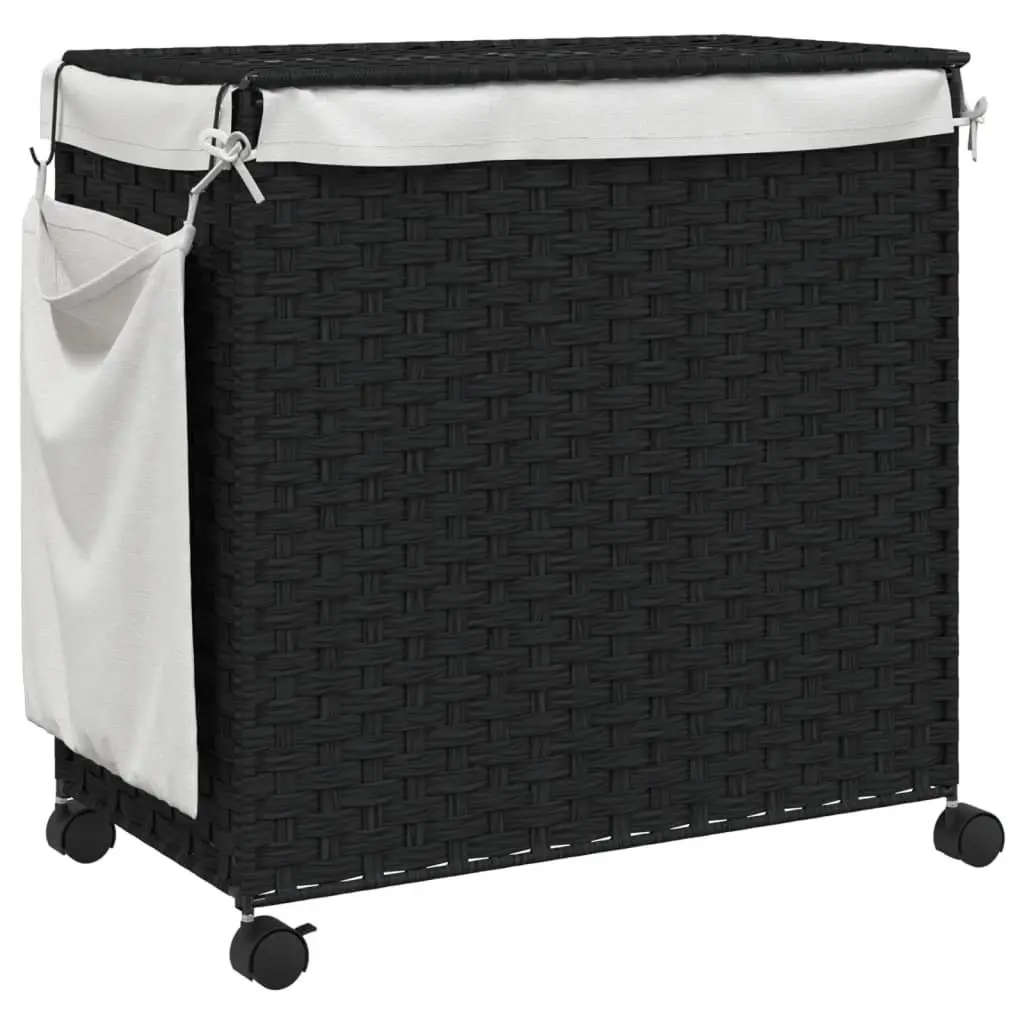 Rattan Laundry Basket Black 60x35x60.5cm 3 Compartments with Lid and Wheels