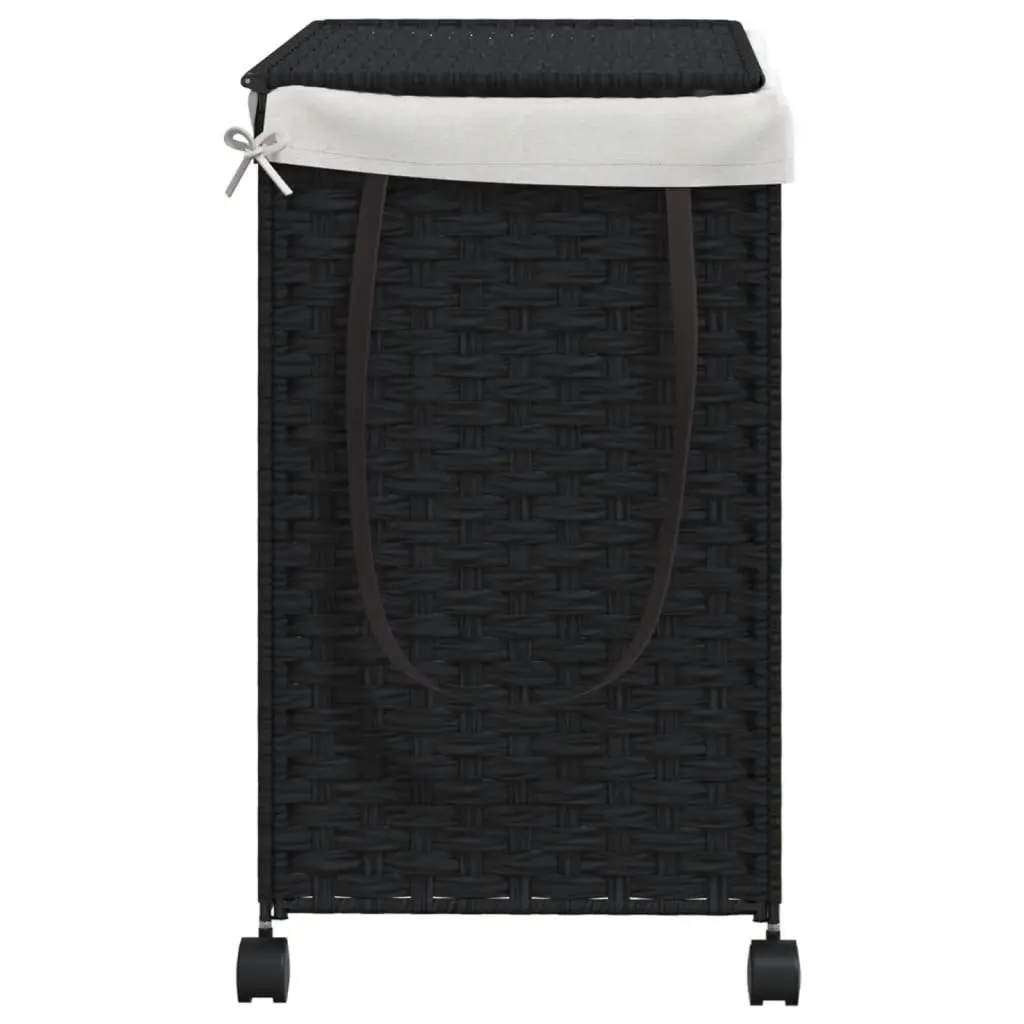 Rattan Laundry Basket Black 60x35x60.5cm 3 Compartments with Lid and Wheels
