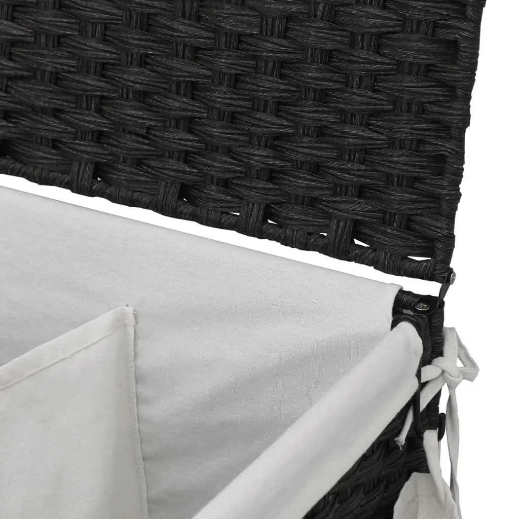 Rattan Laundry Basket Black 60x35x60.5cm 3 Compartments with Lid and Wheels
