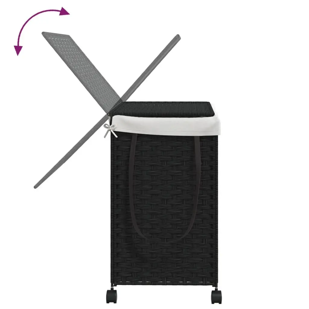 Rattan Laundry Basket Black 60x35x60.5cm 3 Compartments with Lid and Wheels