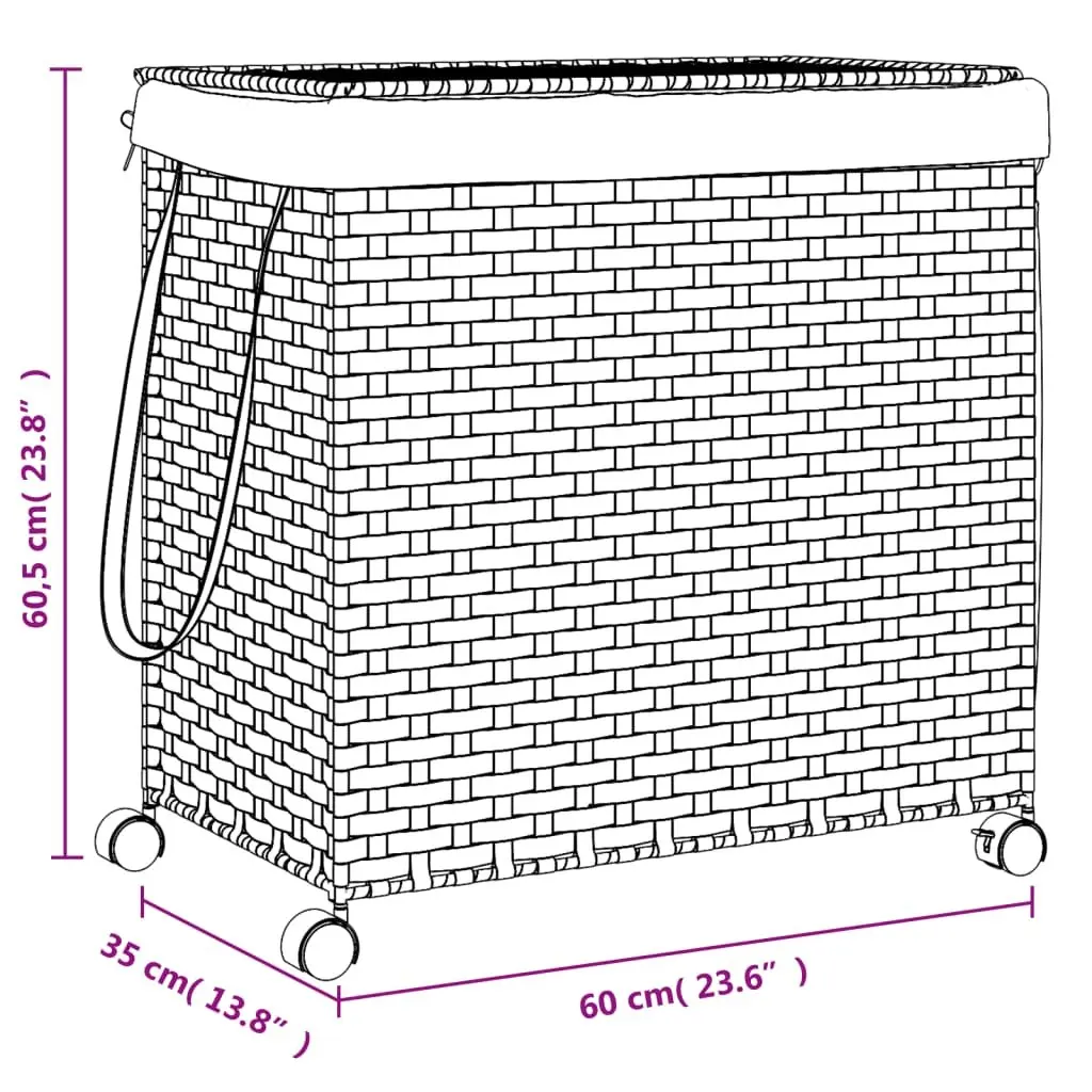 Rattan Laundry Basket Black 60x35x60.5cm 3 Compartments with Lid and Wheels