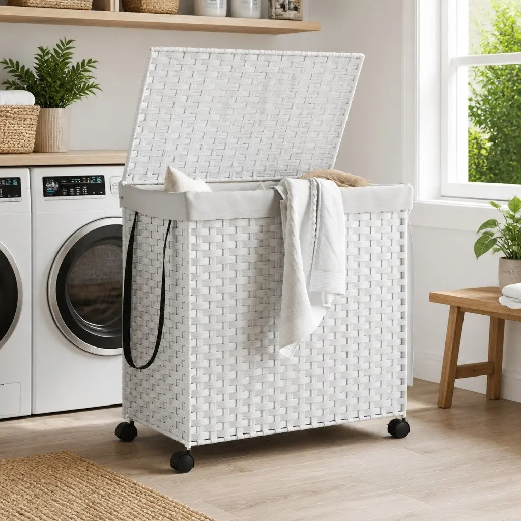 Rattan Laundry Basket White 60x35x60.5cm 3 Compartments with Lid and Wheels