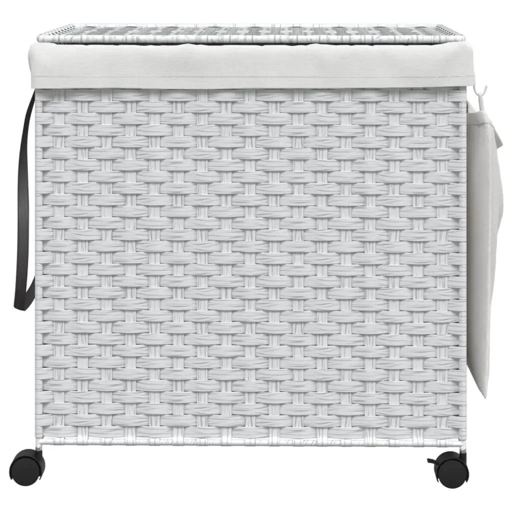 Rattan Laundry Basket White 60x35x60.5cm 3 Compartments with Lid and Wheels