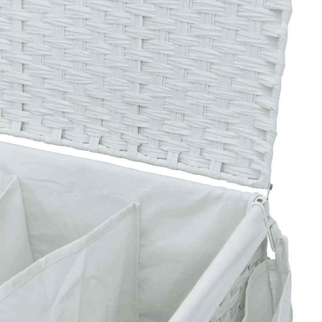 Rattan Laundry Basket White 60x35x60.5cm 3 Compartments with Lid and Wheels