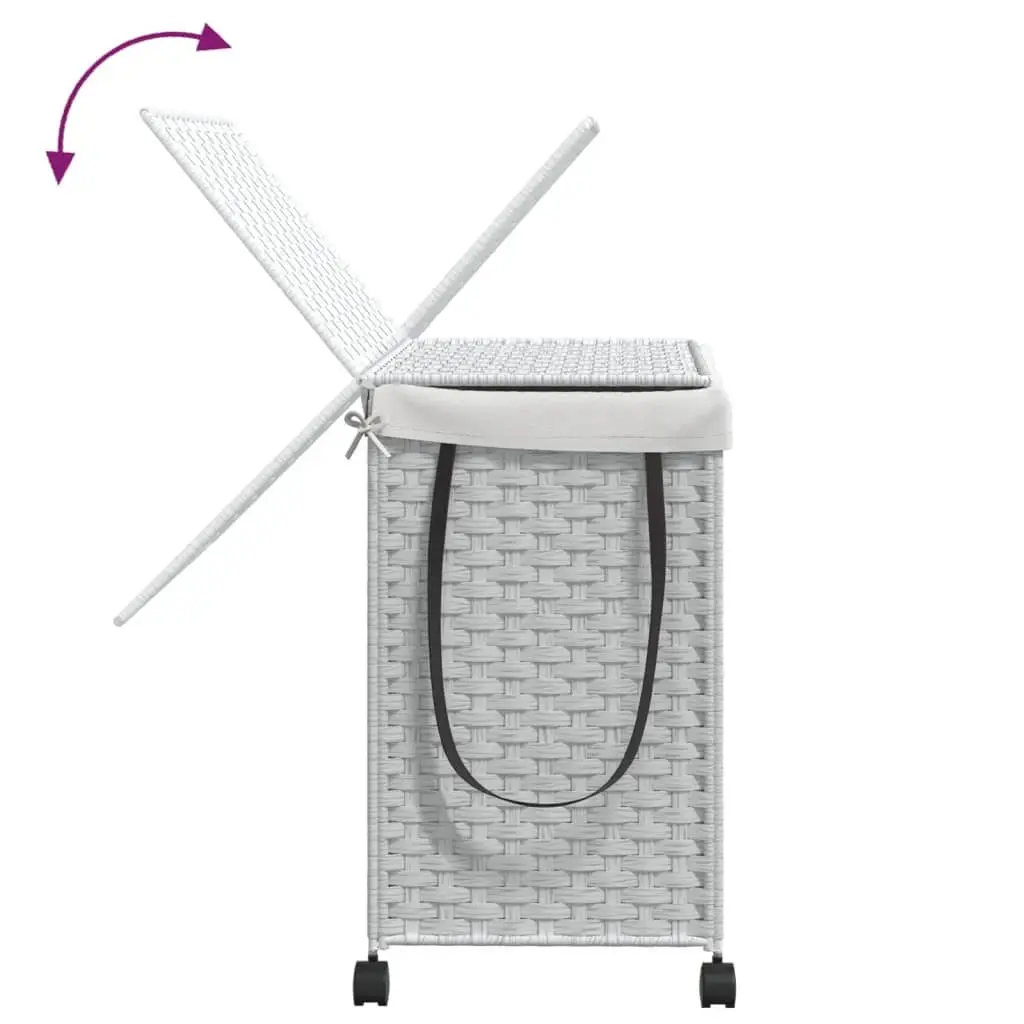 Rattan Laundry Basket White 60x35x60.5cm 3 Compartments with Lid and Wheels