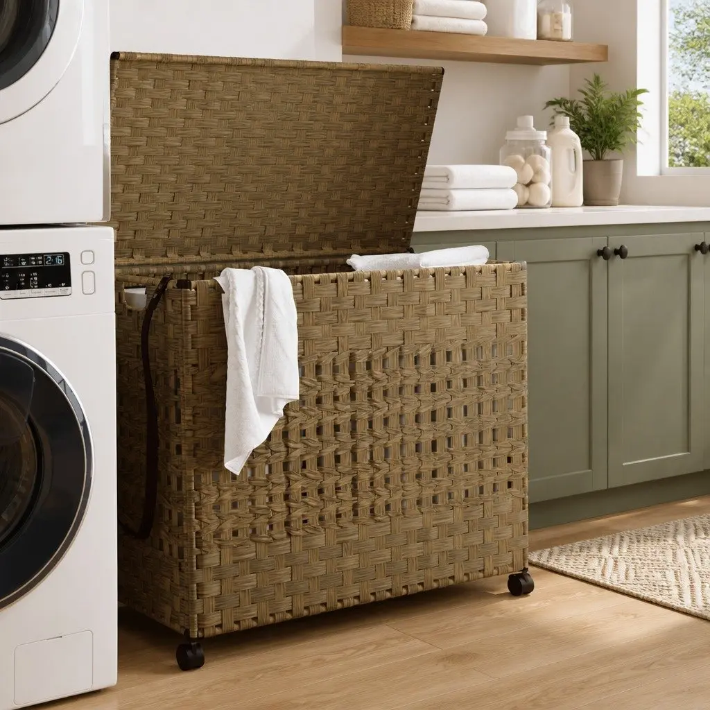 Laundry Basket Brown 66x35x60cm Hand-Woven Rattan with Wheels and Brakes Three Compartments Removable Inner Bag Lid and Side Handle