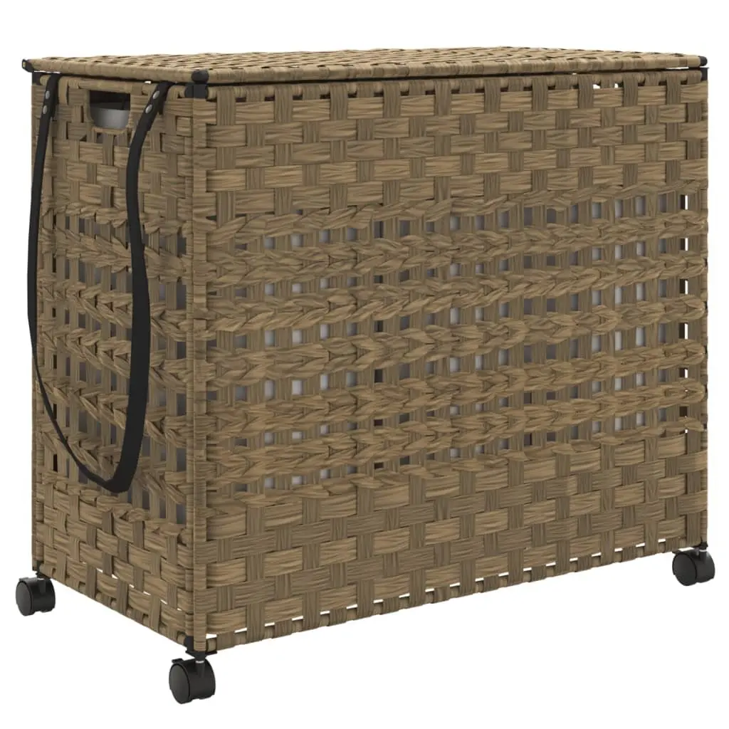 Laundry Basket Brown 66x35x60cm Hand-Woven Rattan with Wheels and Brakes Three Compartments Removable Inner Bag Lid and Side Handle