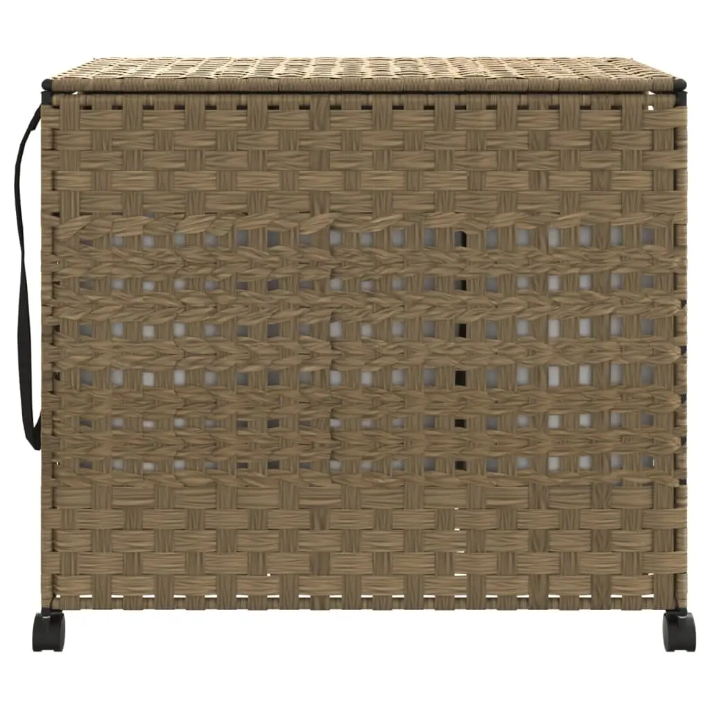 Laundry Basket Brown 66x35x60cm Hand-Woven Rattan with Wheels and Brakes Three Compartments Removable Inner Bag Lid and Side Handle