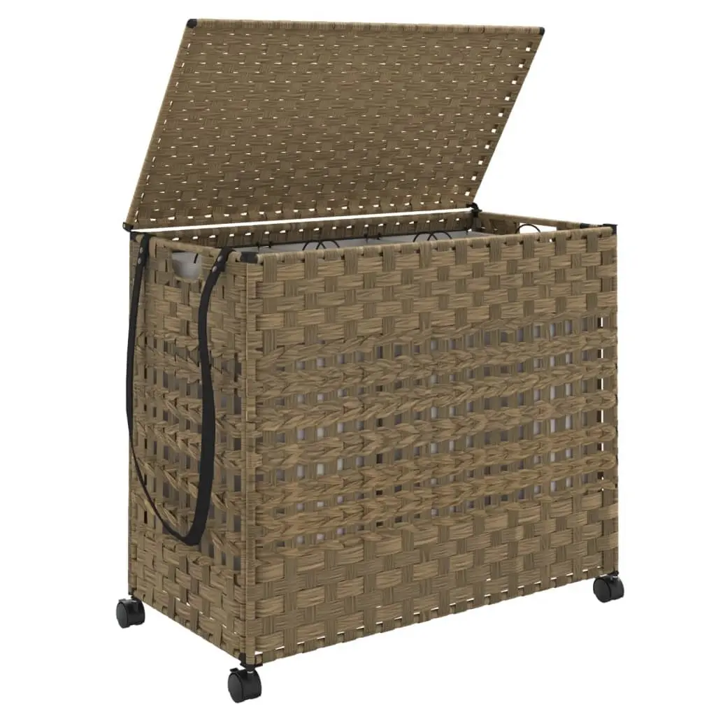 Laundry Basket Brown 66x35x60cm Hand-Woven Rattan with Wheels and Brakes Three Compartments Removable Inner Bag Lid and Side Handle
