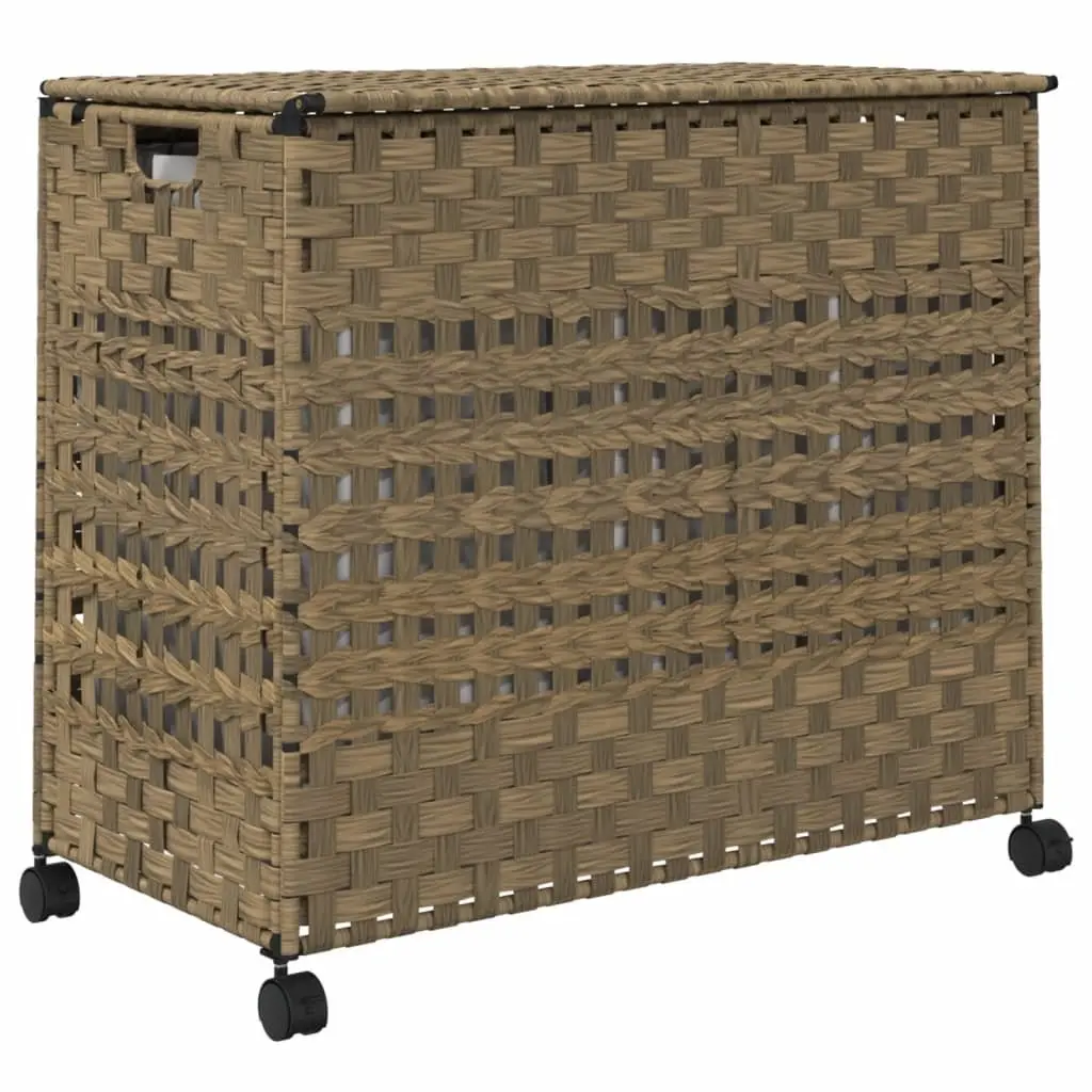 Laundry Basket Brown 66x35x60cm Hand-Woven Rattan with Wheels and Brakes Three Compartments Removable Inner Bag Lid and Side Handle