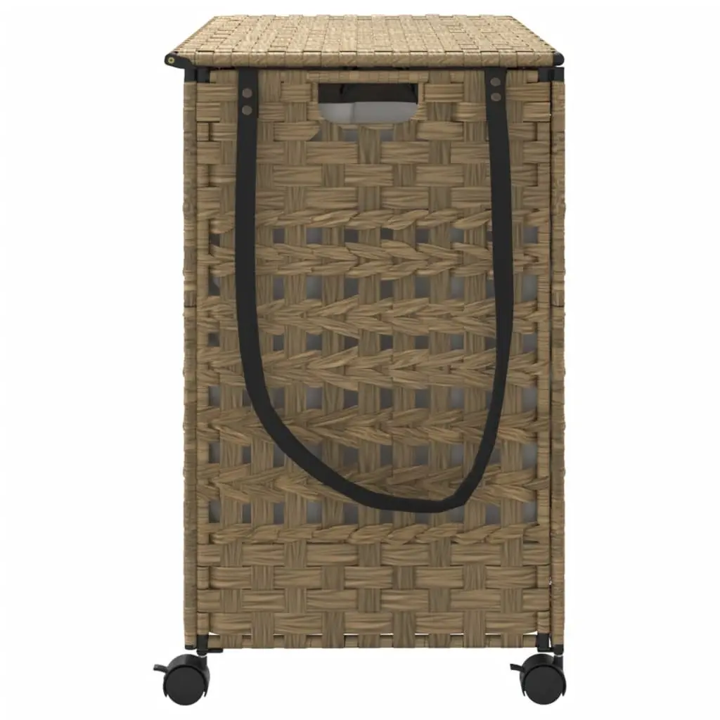 Laundry Basket Brown 66x35x60cm Hand-Woven Rattan with Wheels and Brakes Three Compartments Removable Inner Bag Lid and Side Handle