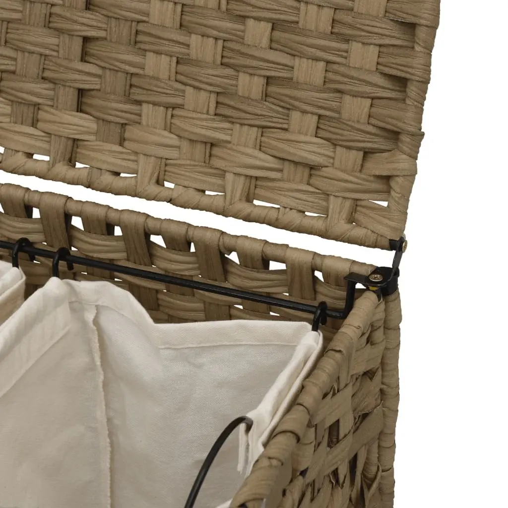 Laundry Basket Brown 66x35x60cm Hand-Woven Rattan with Wheels and Brakes Three Compartments Removable Inner Bag Lid and Side Handle