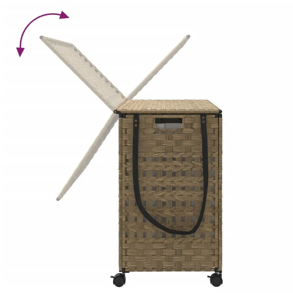 Laundry Basket Brown 66x35x60cm Hand-Woven Rattan with Wheels and Brakes Three Compartments Removable Inner Bag Lid and Side Handle