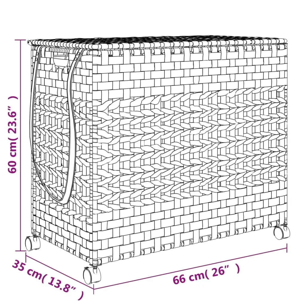 Laundry Basket Brown 66x35x60cm Hand-Woven Rattan with Wheels and Brakes Three Compartments Removable Inner Bag Lid and Side Handle