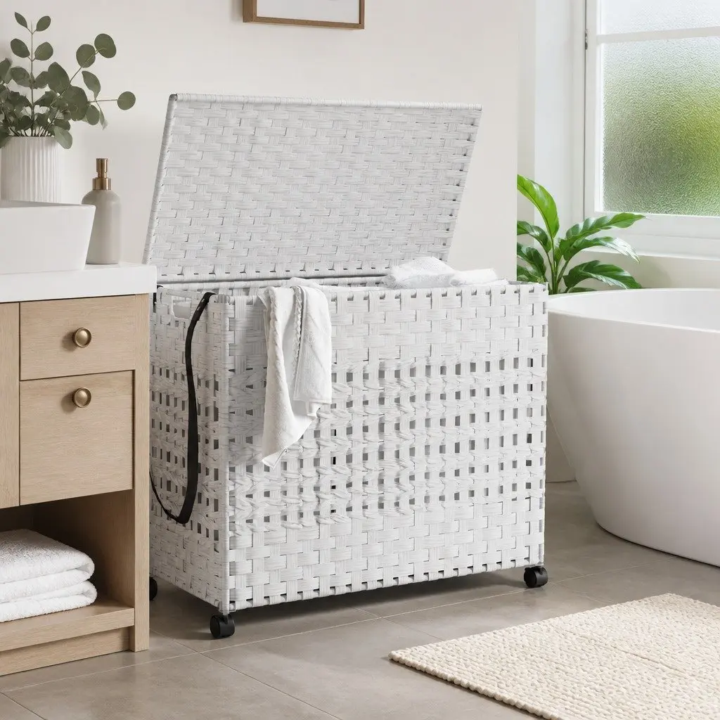 Rattan Laundry Basket White 66x35x60cm 3 Compartments with Wheels