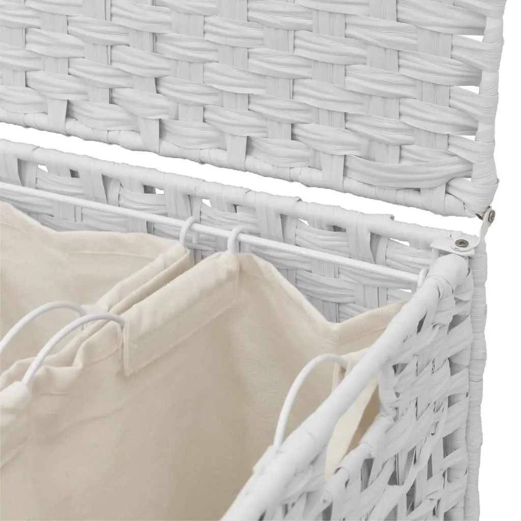 Rattan Laundry Basket White 66x35x60cm 3 Compartments with Wheels