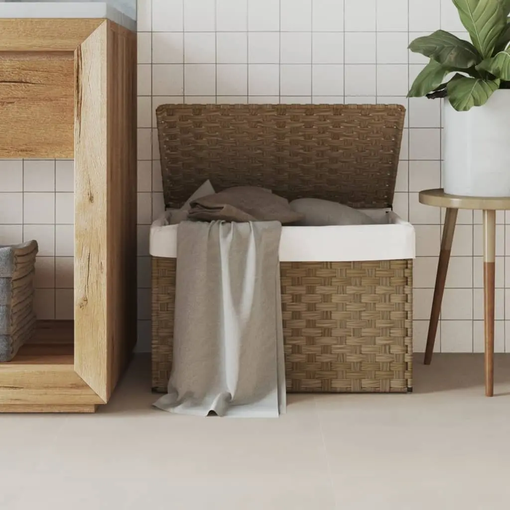 Laundry Basket Brown Poly Rattan Foldable with Lid Removable Inner Bag