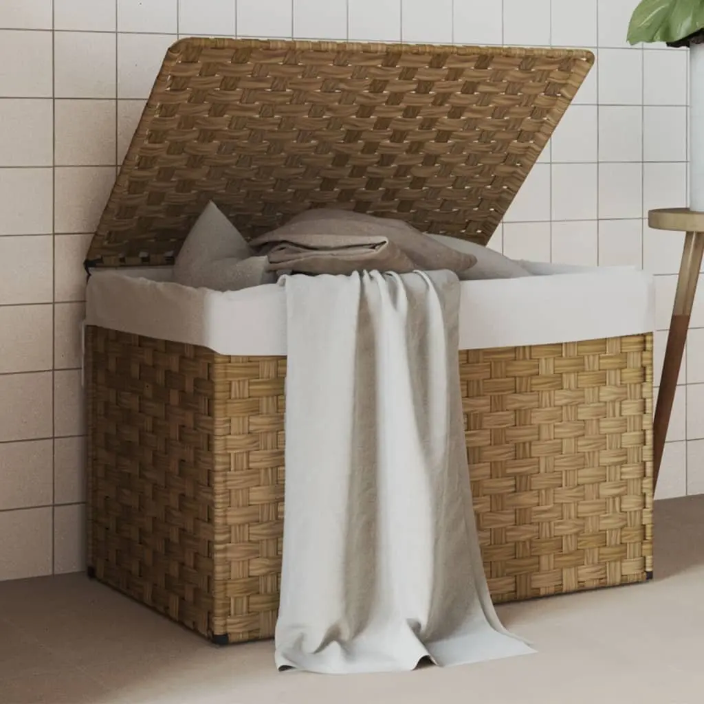 Laundry Basket Brown Poly Rattan Foldable with Lid Removable Inner Bag