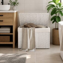Laundry Basket with Lid White Poly Rattan 55.5x35x34cm Foldable Storage Bin