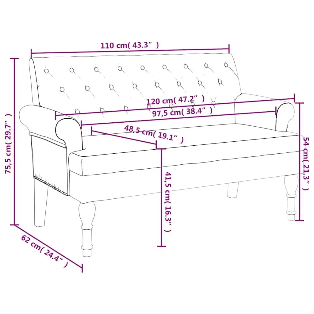 Fabric Bench with Backrest Grey Padded Seating Button Tufted Armrests Home