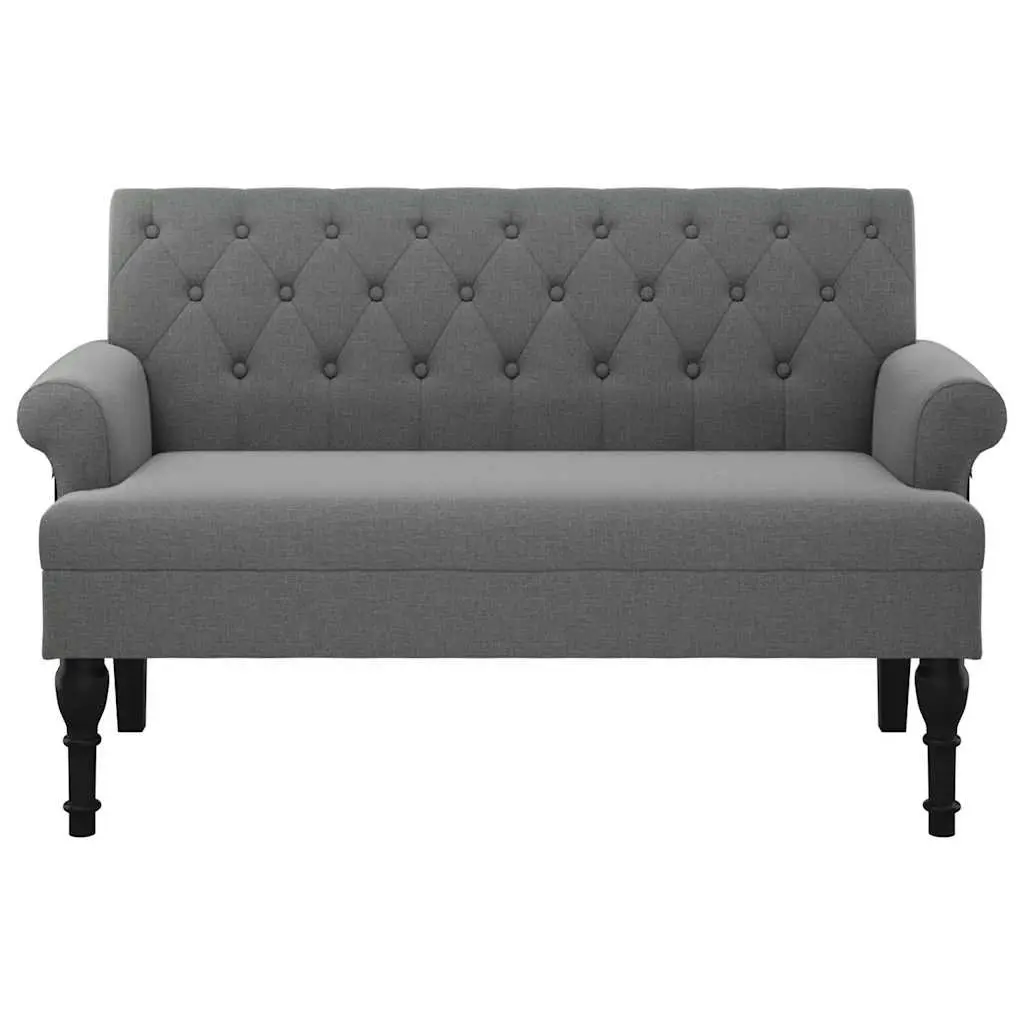 Fabric Bench Grey Padded Seat Backrest with Armrests Button Tufts Wooden Feet 120x62x75.5cm