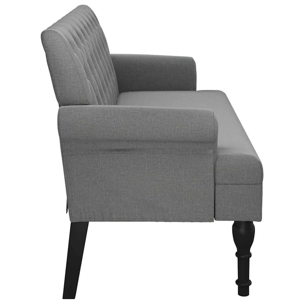 Fabric Bench Grey Padded Seat Backrest with Armrests Button Tufts Wooden Feet 120x62x75.5cm
