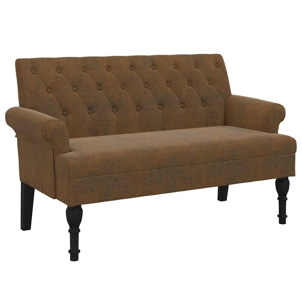 Brown Faux Suede Leather Bench Padded Seat Backrest Armrests Antique Style 120x62x75.5cm