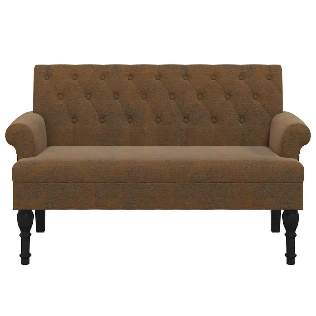 Brown Faux Suede Leather Bench Padded Seat Backrest Armrests Antique Style 120x62x75.5cm