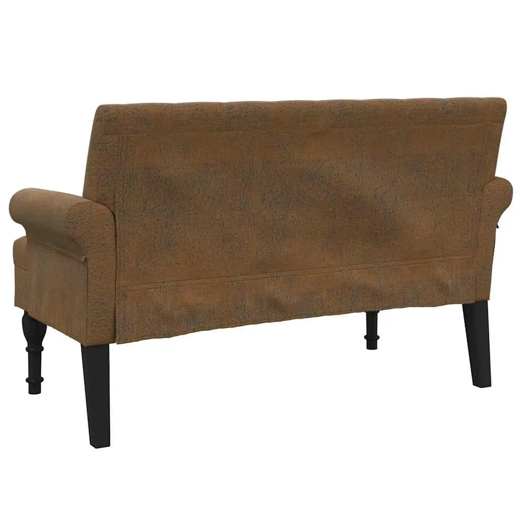 Brown Faux Suede Leather Bench Padded Seat Backrest Armrests Antique Style 120x62x75.5cm