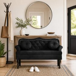 Chic Black Velvet Bench with Cushions - Compact Design
