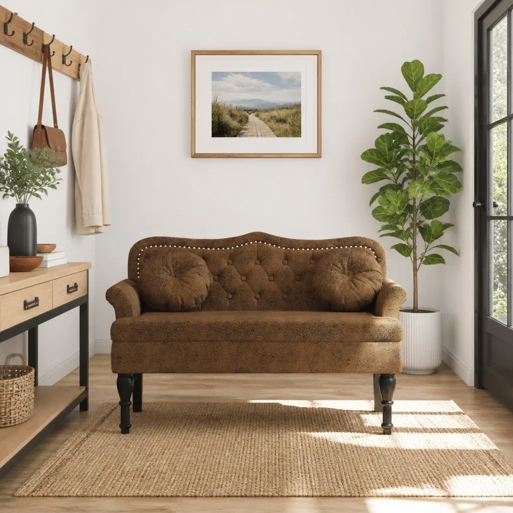 Faux Suede Upholstered Bench Brown with Padded Seat Backrest and Armrests