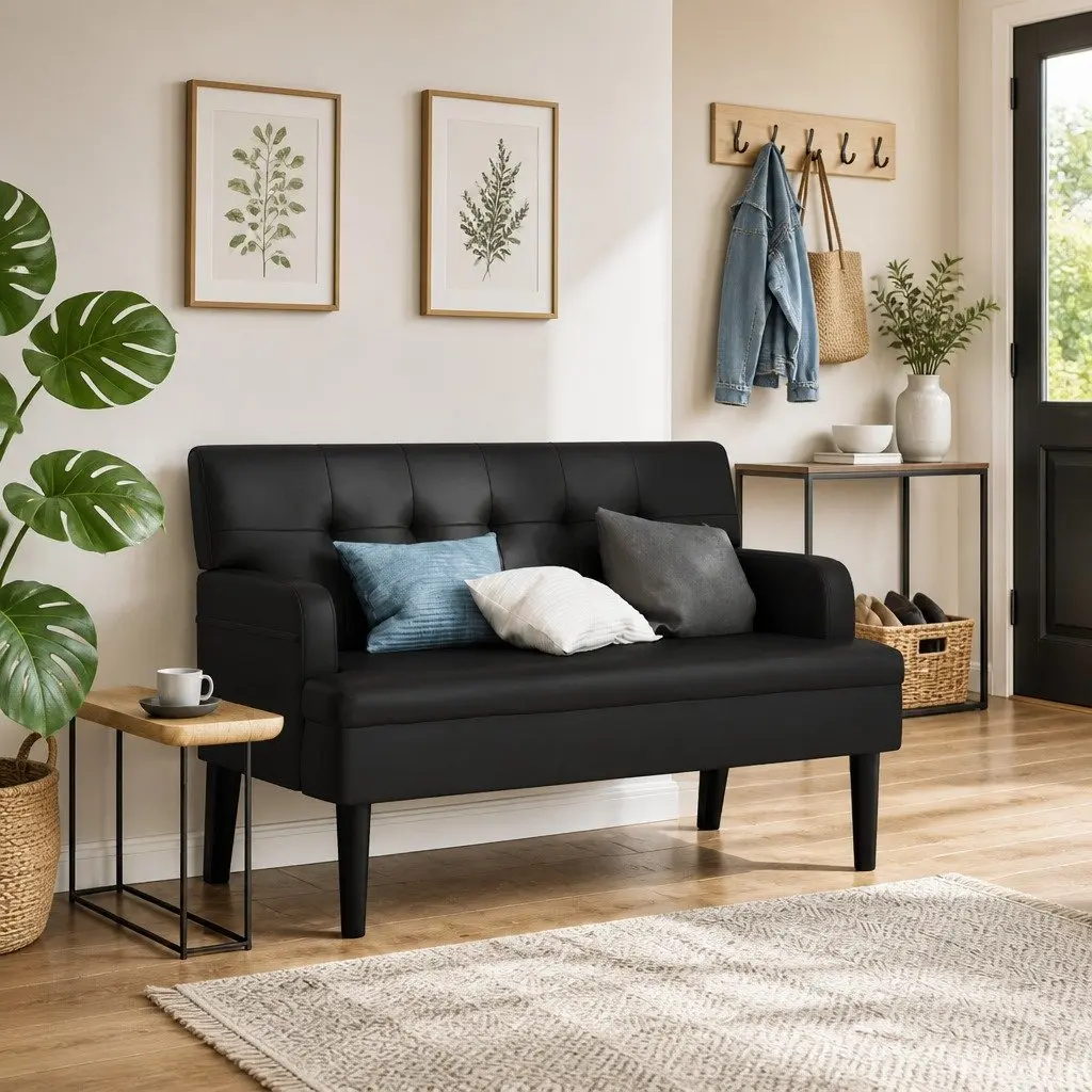 Bench with Backrest Black Faux Leather Seating Armrest Padded Seat Home Office