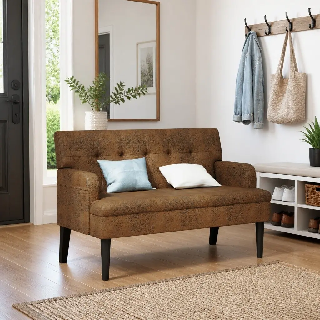 Bench with Backrest Brown Faux Suede Leather Seating Armrests Wooden Feet