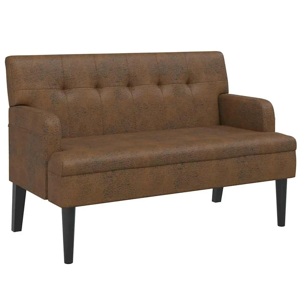 Brown Faux Suede Leather Bench Padded Seat Armrests with Backrest Solid Rubber Wood Feet