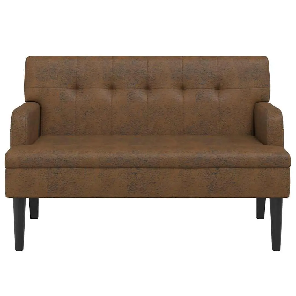 Brown Faux Suede Leather Bench Padded Seat Armrests with Backrest Solid Rubber Wood Feet
