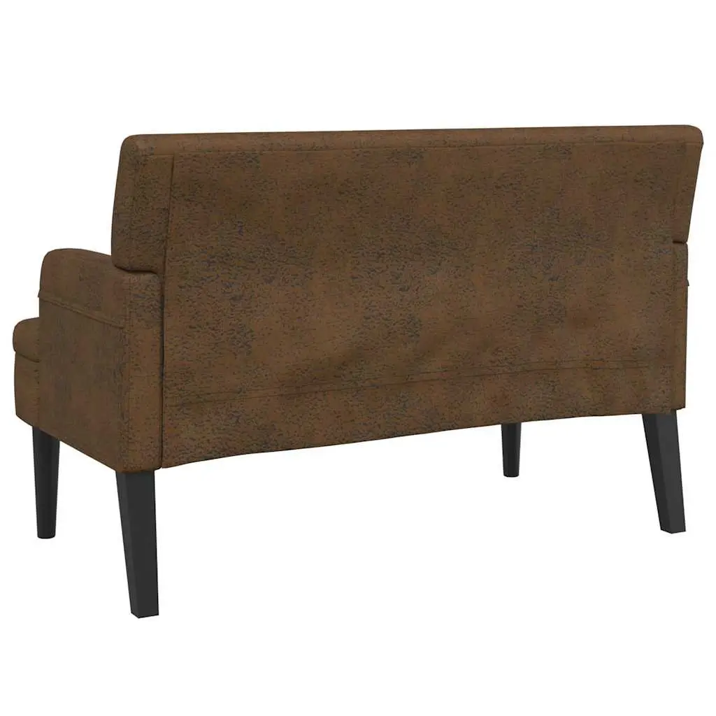 Brown Faux Suede Leather Bench Padded Seat Armrests with Backrest Solid Rubber Wood Feet