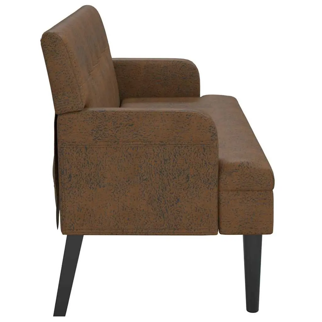 Brown Faux Suede Leather Bench Padded Seat Armrests with Backrest Solid Rubber Wood Feet