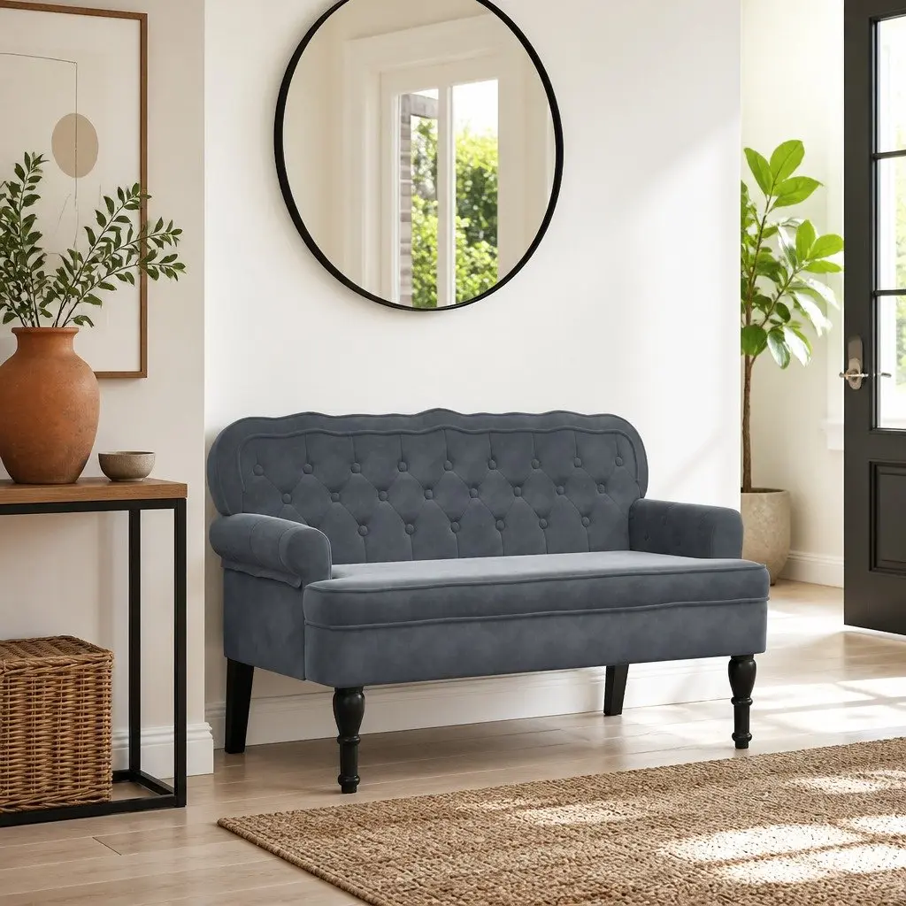 Velvet Bench with Backrest Grey Comfortable Padded Seating Elegant Wave Design