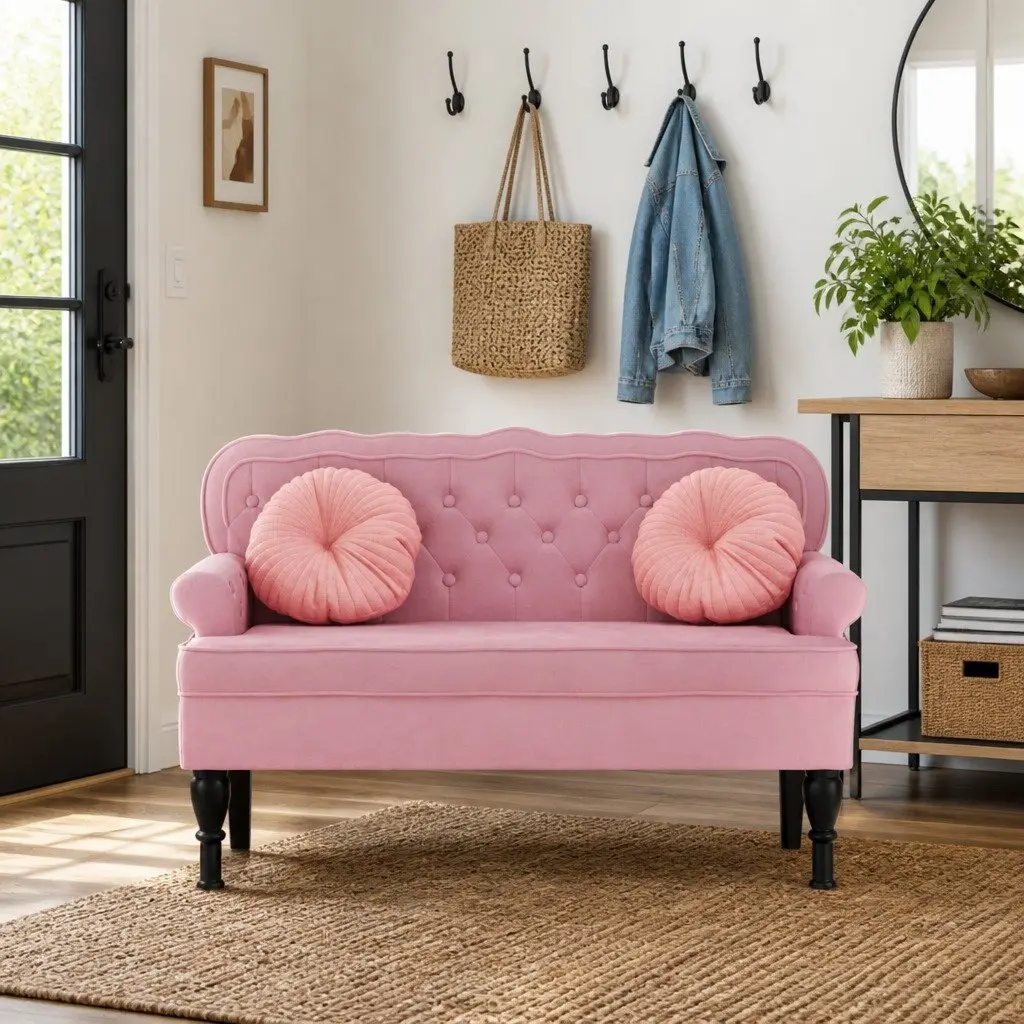 Velvet Bench with Backrest Pink Padded Seat Armrests Wave Design Home Furniture