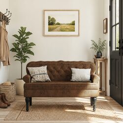 Brown Faux Suede Leather Bench with Backrest - Compact and Cozy