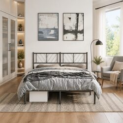 Black Metal Bed Frame with Headboard 150x200 cm - Stylish & Strong